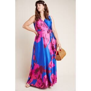 Anthropologie Hutch Women’s Harper Cobalt Blue Pink Floral Maxi Dress Gown Sz L
